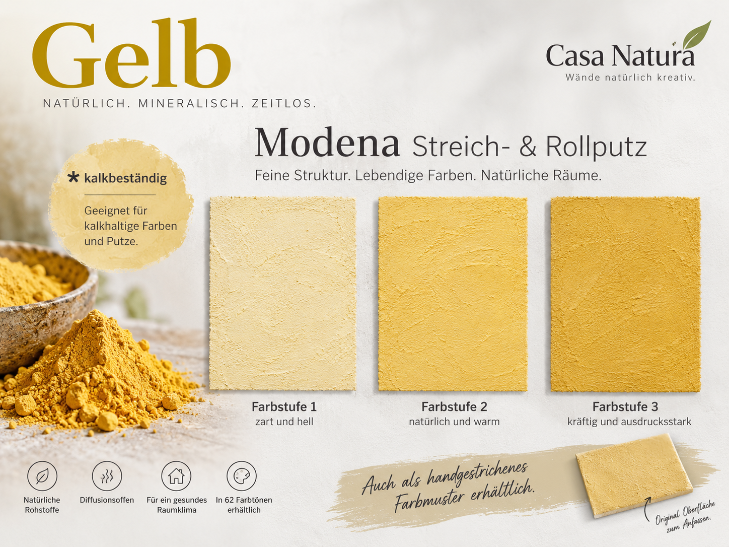 Kalkstreichputz Modena Farbkarte gelb – Farbstufen 1 bis 3